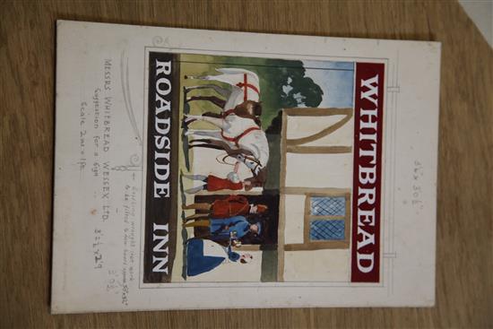 Southey Bramwell. Eight original watercolour and gouache designs for pub signs, principally for Whitbread, largest overall 11 x 9.25in.